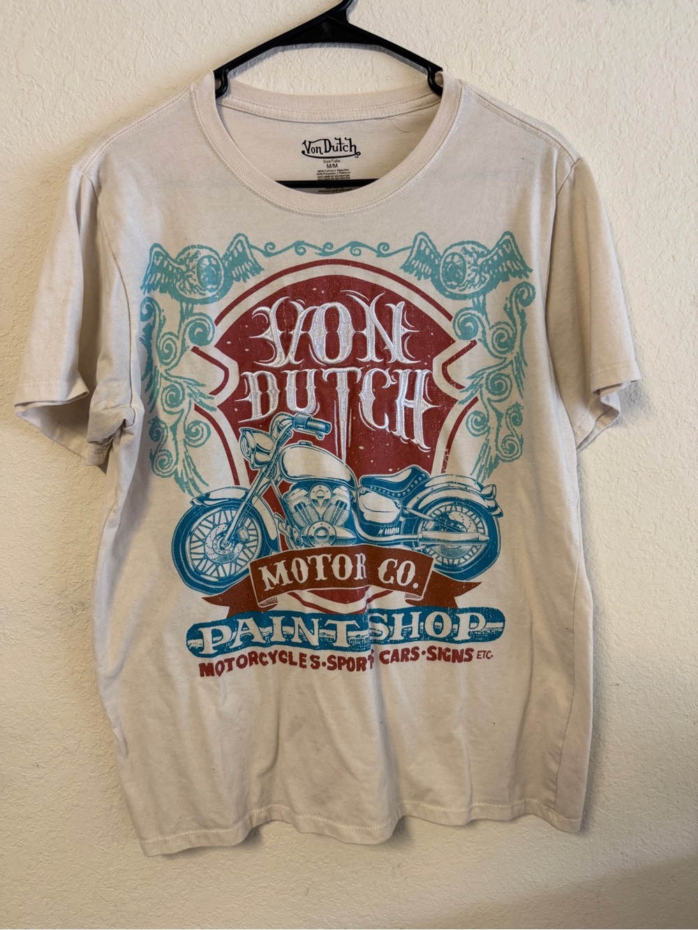 Von Dutch Cream Short-Sleeve Motorcycle Graphic Tee with Teal & Red Mens M